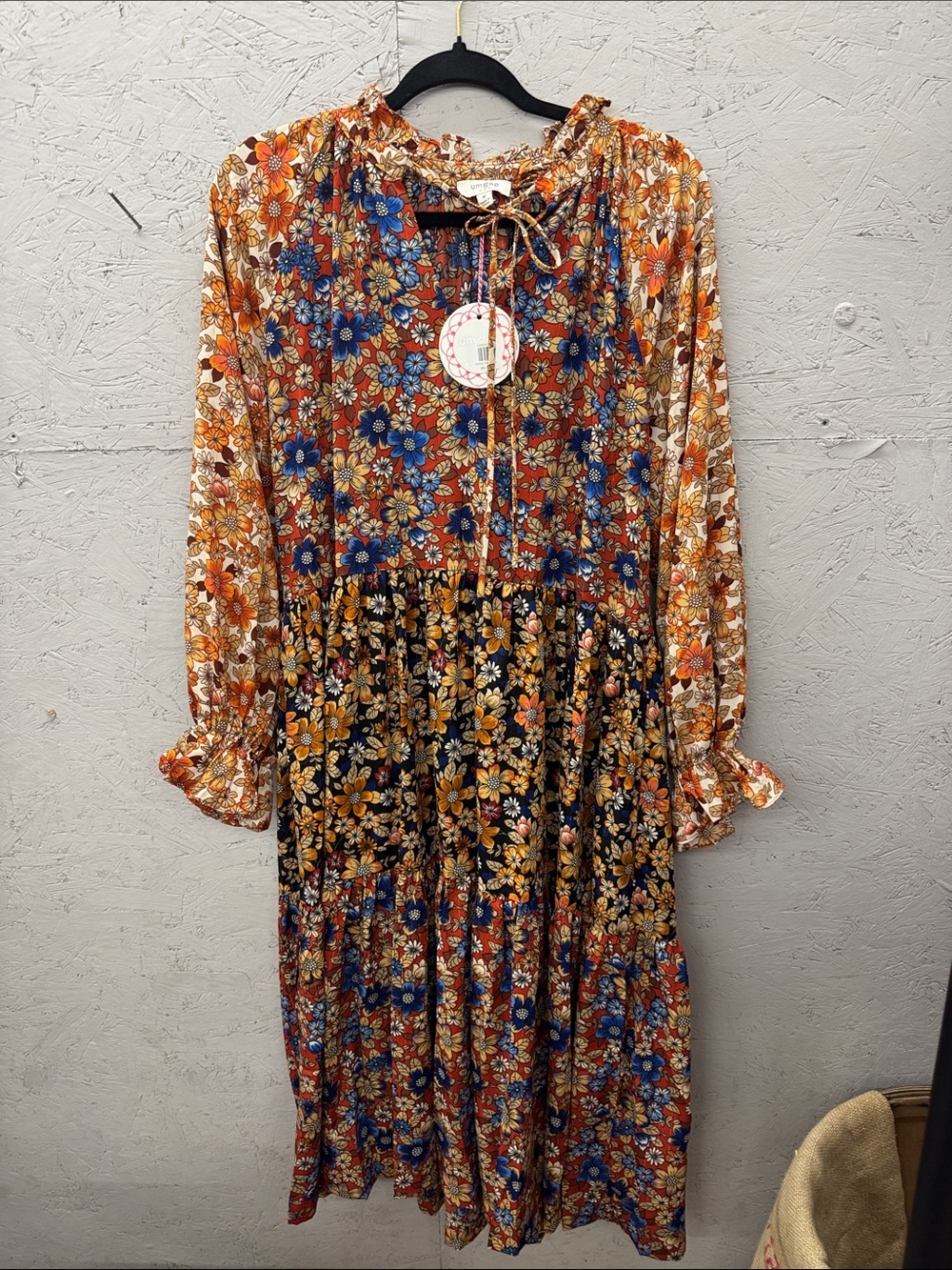 Umgee Floral Tiered Dress Boho Long Sleeve